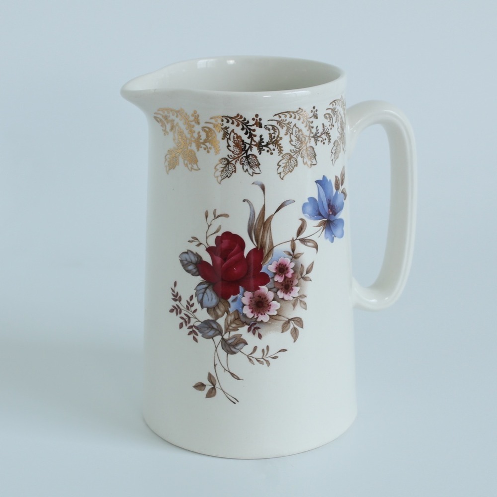 Lord Nelson Pottery Ceramic Pitcher Gold Filigree Cream England 6.5in 1972